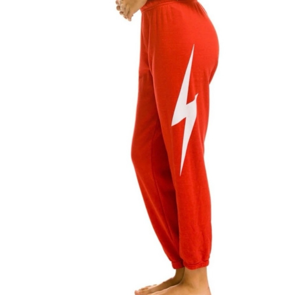 Aviator Nation Red Joggers with White Lightning Bolt